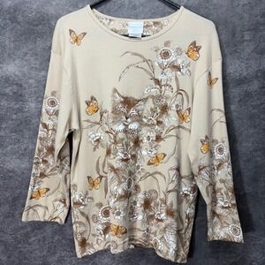 Morning Sun Cat Butterfly Flower AOP Graphic Top Beige Womens L Beige Cute Artsy